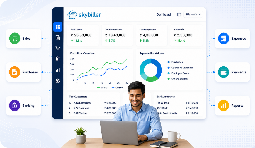 Centralized Financial Control – Manage all business transactions in one dashboard without duplication.